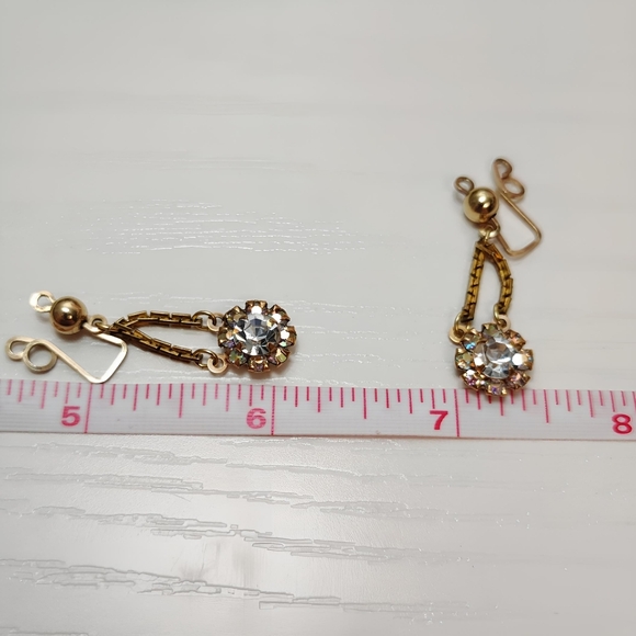 Vintage AB Aurora Borealis Gold tone Slide on Halo Chandelier Drop Earrings - Picture 6 of 7